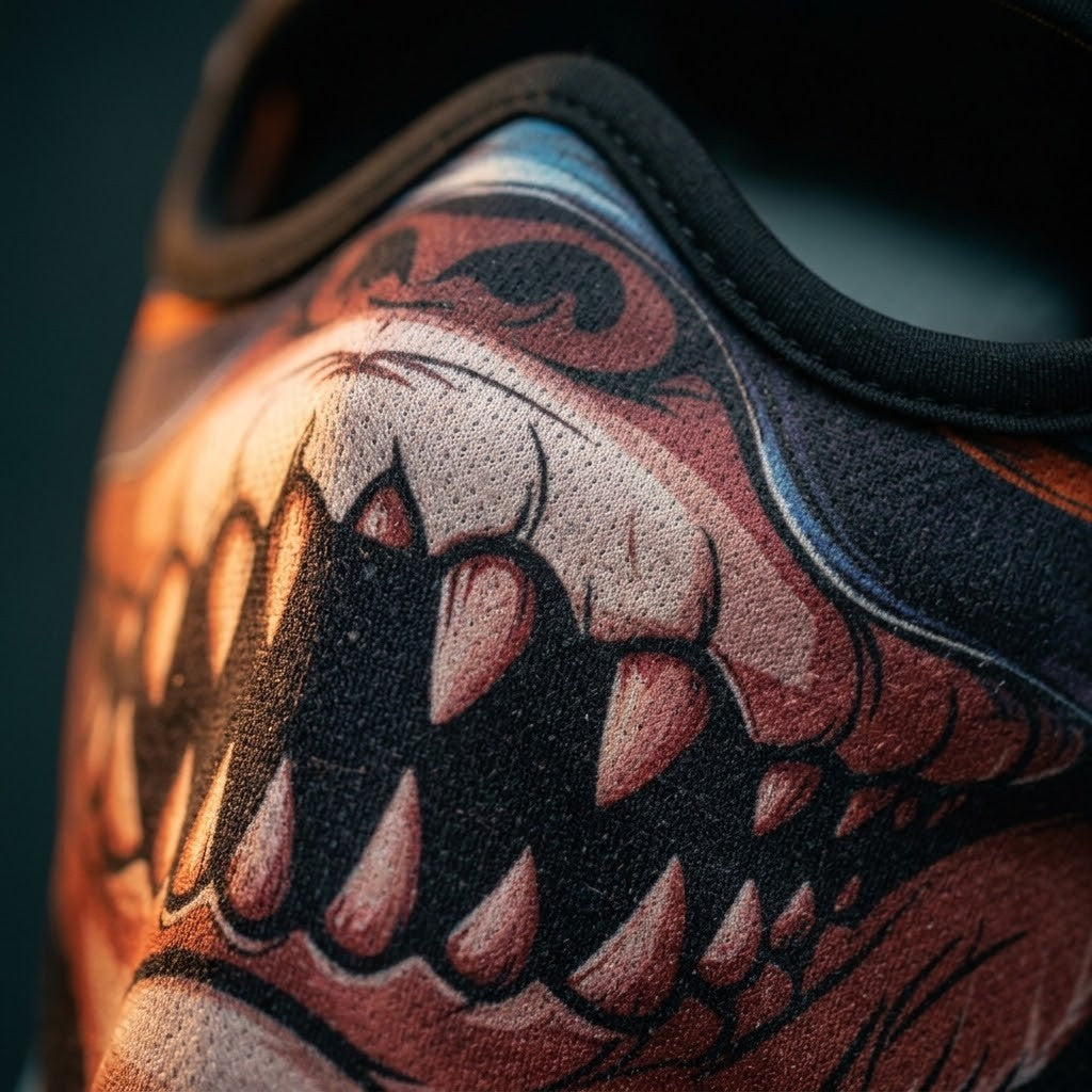 Shark Attack WC-29 3D printed balaclava – close-up of the printed design