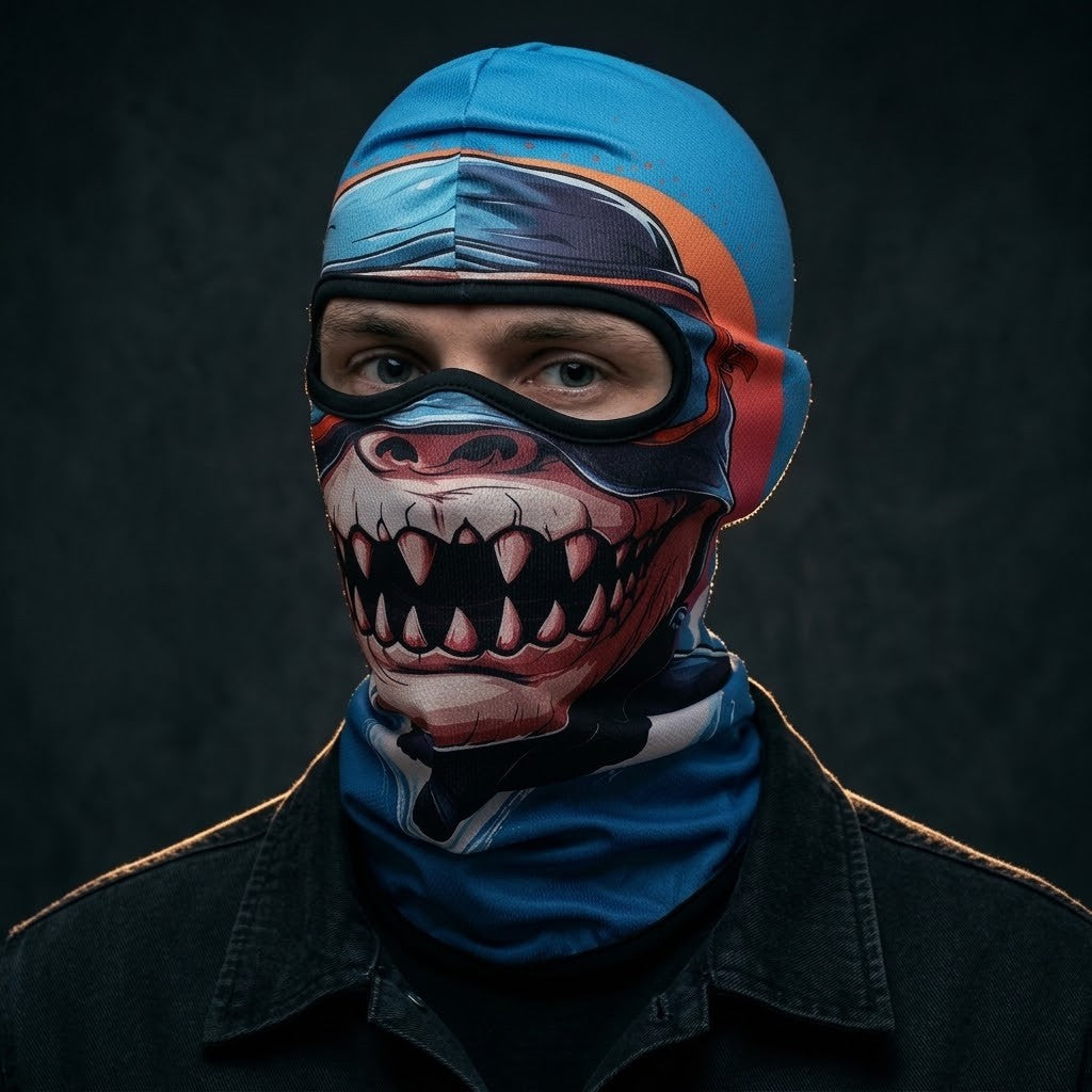 Shark Attack WC-29 3D printed balaclava worn by a model – front view