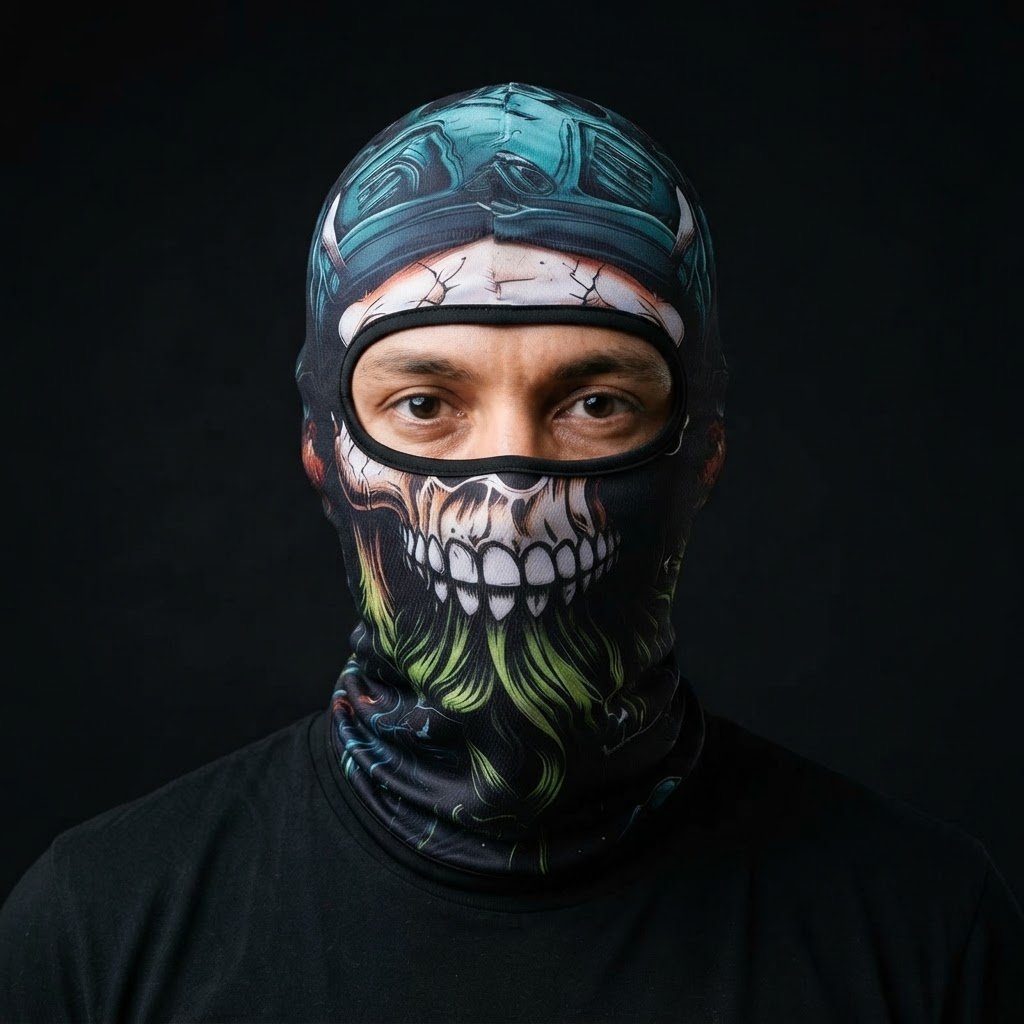 Blue Cap Skull SB-01 3D printed balaclava worn by a model – front view