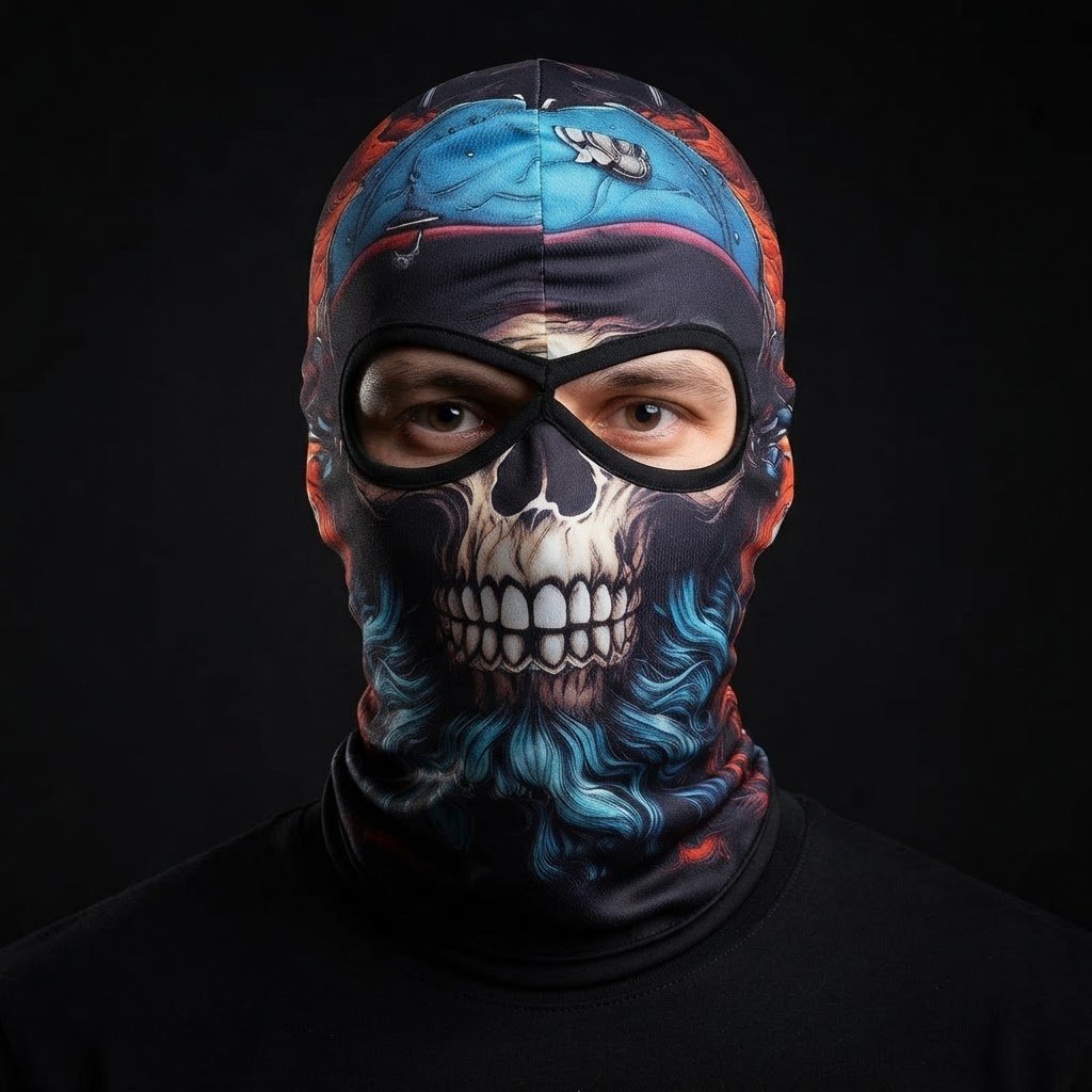 Cobalt Skull SB-02 3D printed balaclava worn by a model – front view