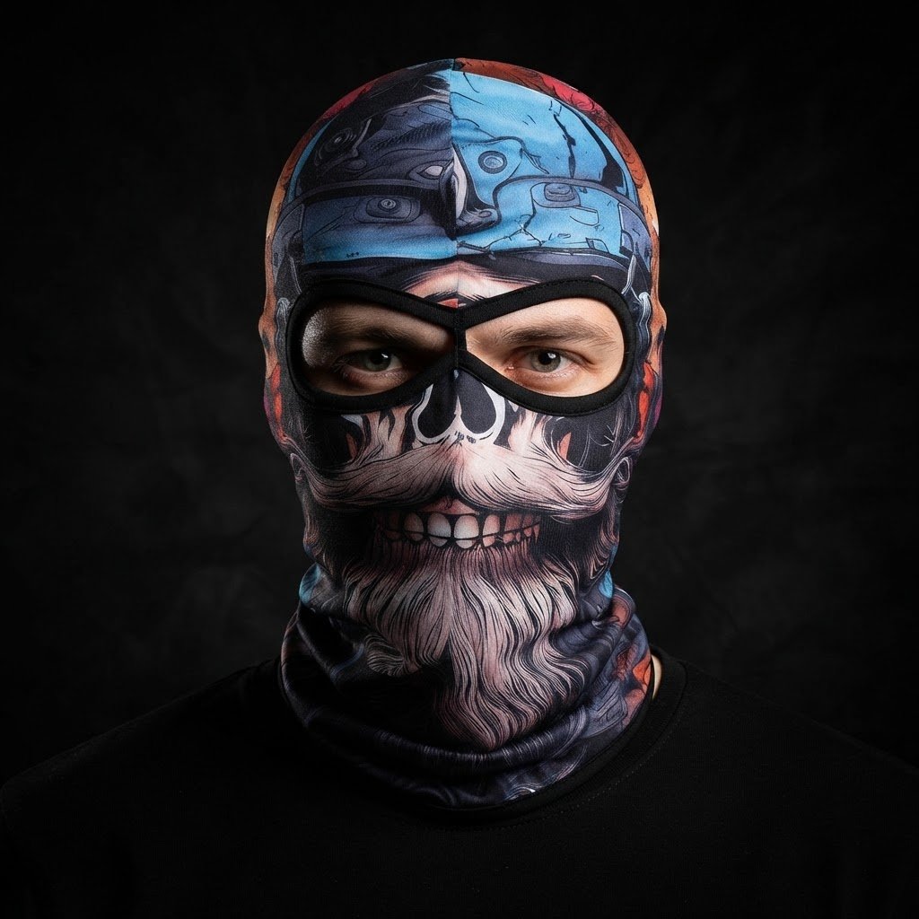 Silver Beard Skull SB-03 3D printed balaclava worn by a model – front view