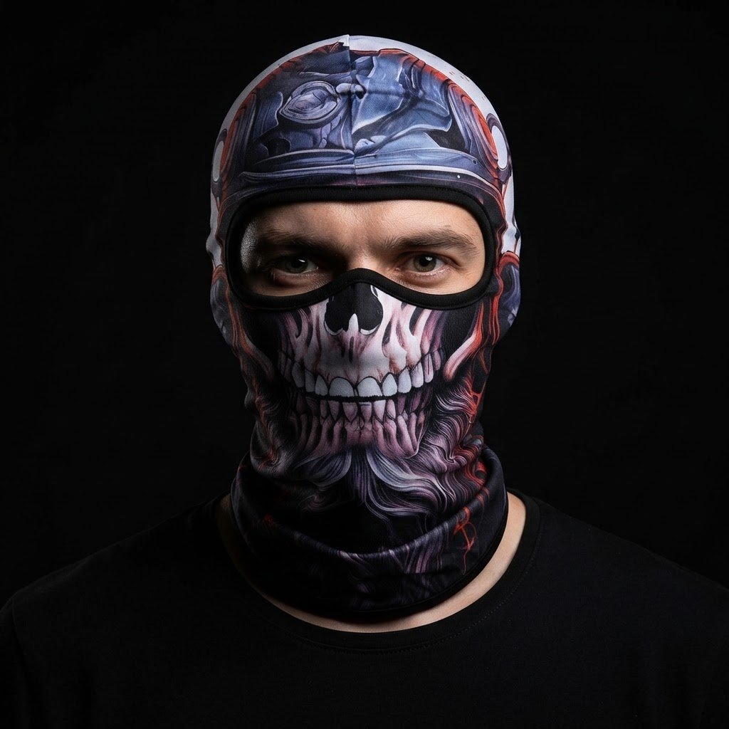 Violet Skull SB-06 3D printed balaclava worn by a model – front view