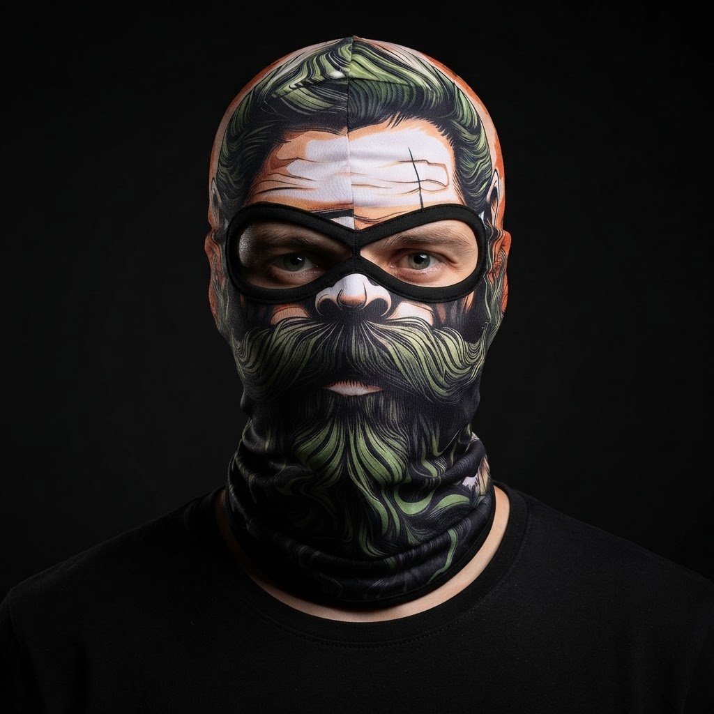Green Beard Rider SB-07 3D printed balaclava worn by a model – front view