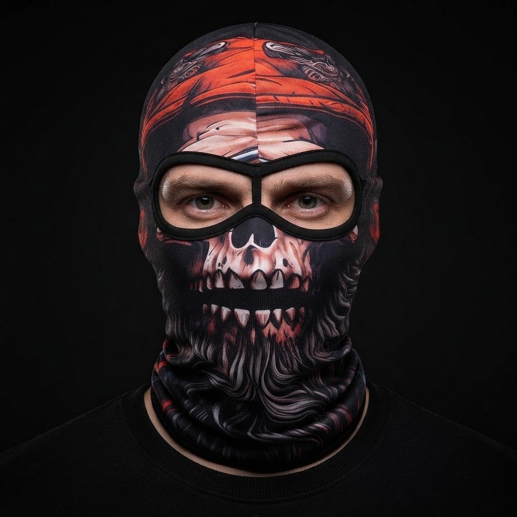 Red Cap Skull SB-08 3D printed balaclava worn by a model – front view