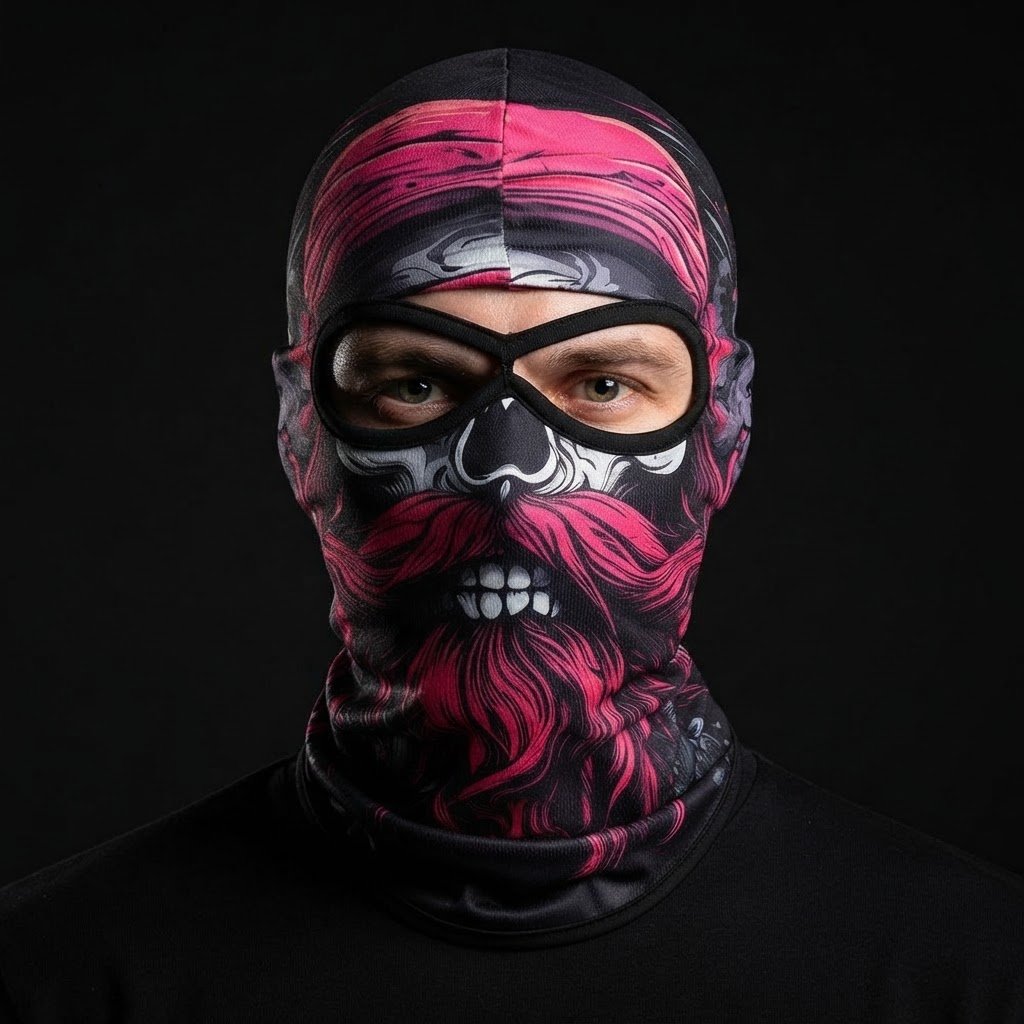 Pink Bandana Skull SB-15 3D printed balaclava worn by a model – front view