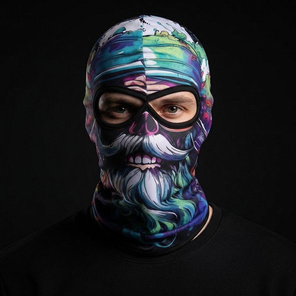 Rainbow Skull SB-18 3D printed balaclava worn by a model – front view