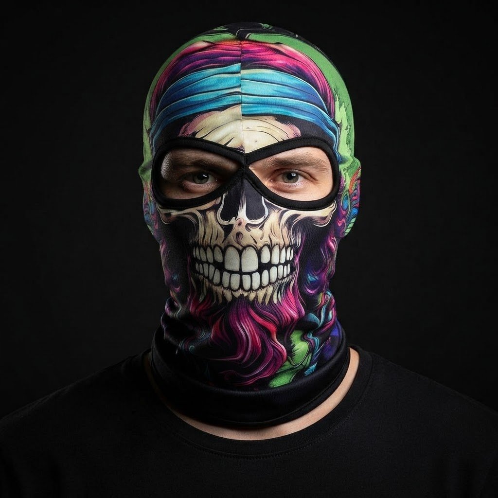 Candy Skull SB-20 3D printed balaclava worn by a model – front view