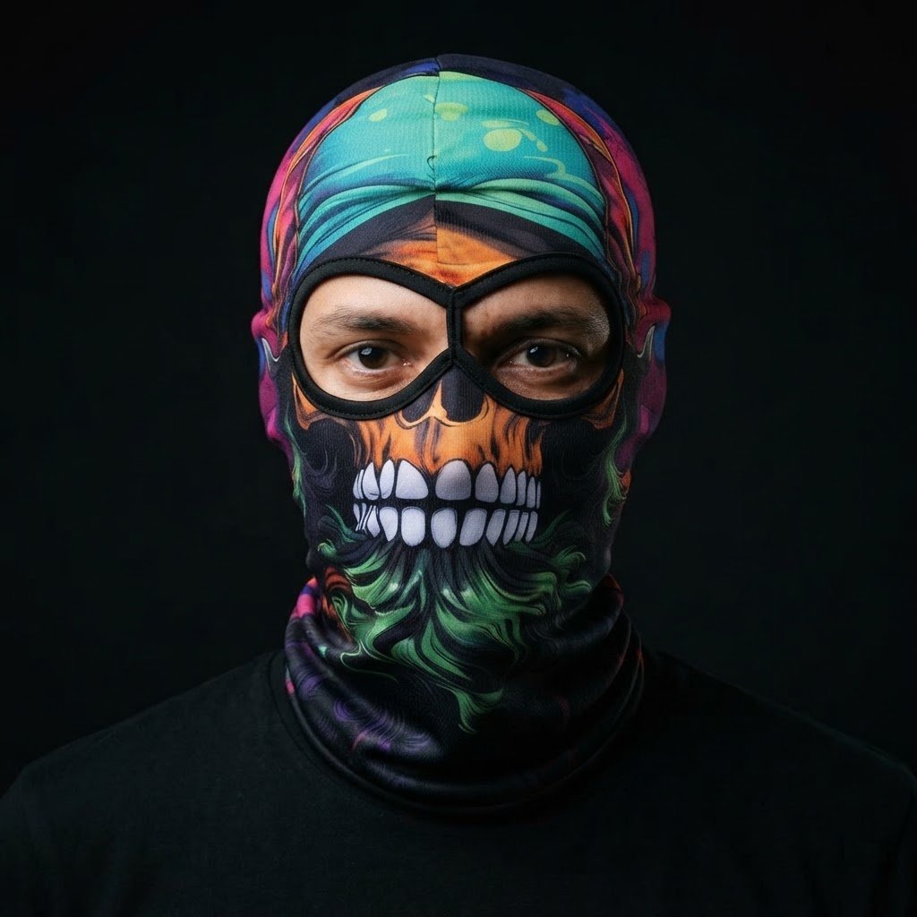 Neon Skull SB-21 3D printed balaclava worn by a model – front view