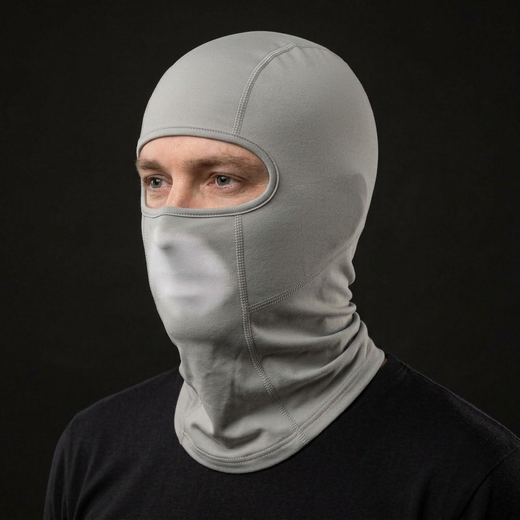 HeatWave Grey Long HW-01 balaclava, three-quarter view with breath color change