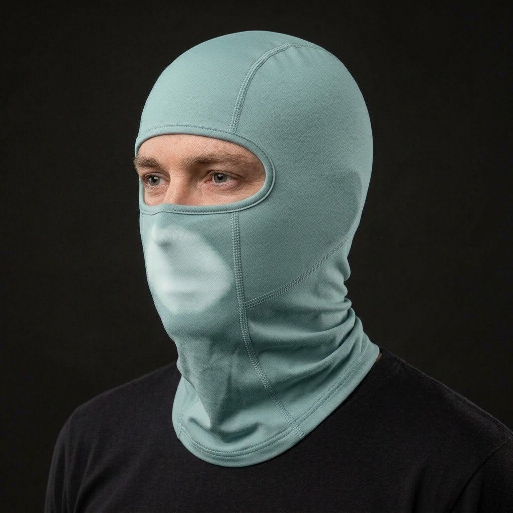HeatWave Teal Long HW-02 balaclava, three-quarter view with breath color change