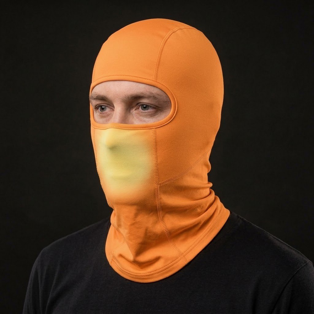 HeatWave Orange Long HW-03 balaclava, three-quarter view with breath color change