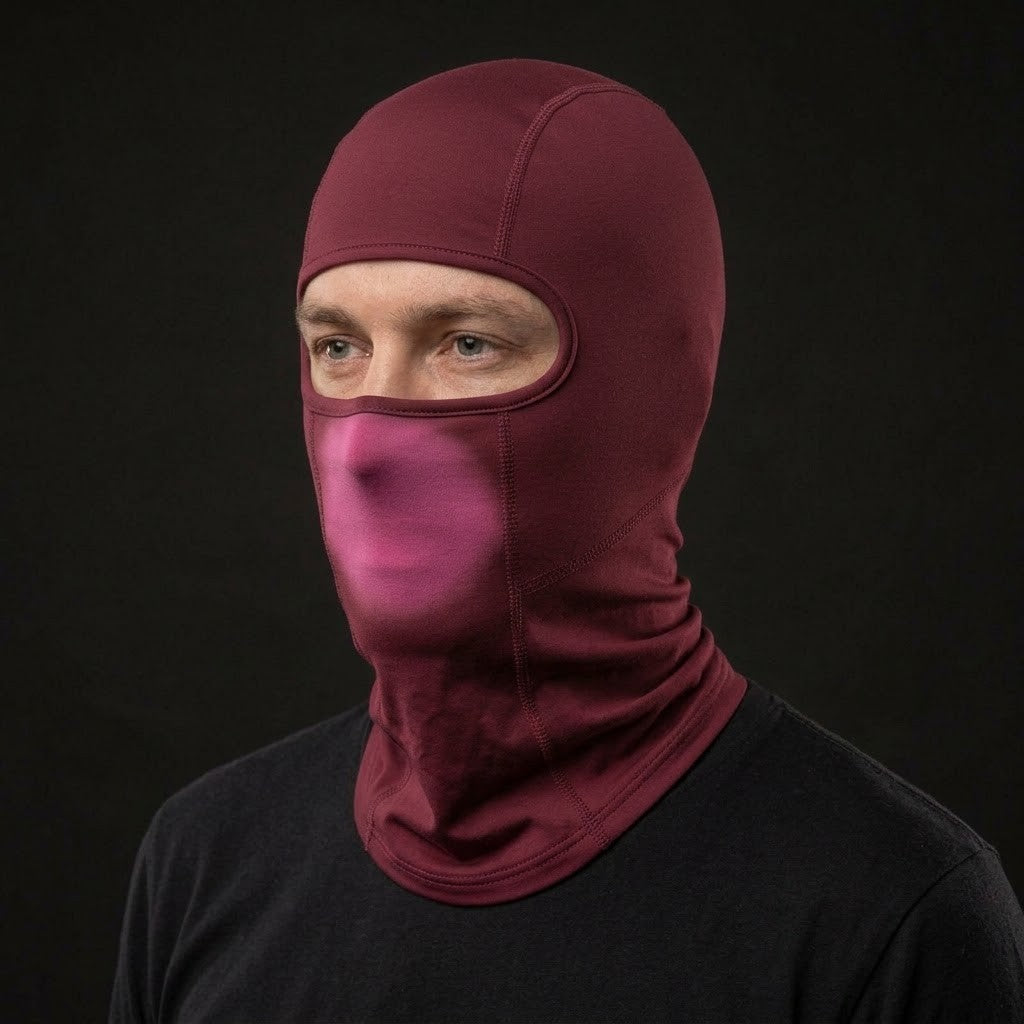 HeatWave Burgundy Long HW-04 color-changing balaclava three-quarter view with breath color change