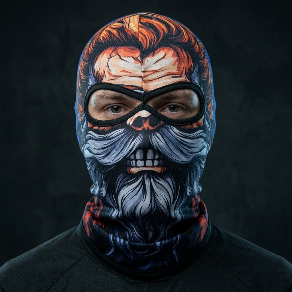 Redhead Skull SB-16 3D printed balaclava worn by a model – front view