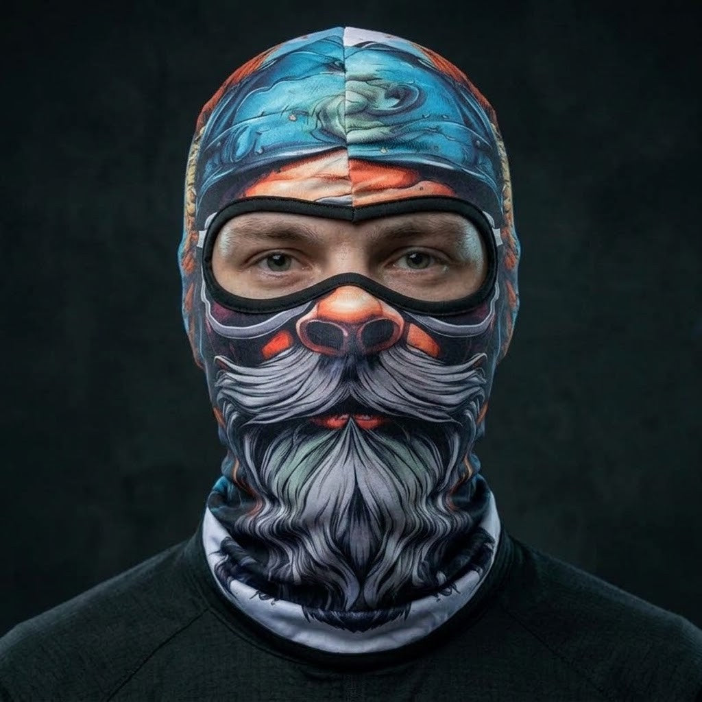 Old Pirate Skull SB-17 3D printed balaclava worn by a model – front view
