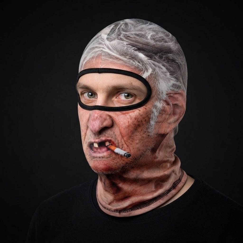 Grumpy Smoker SF-17 3D printed balaclava worn by a model – side view