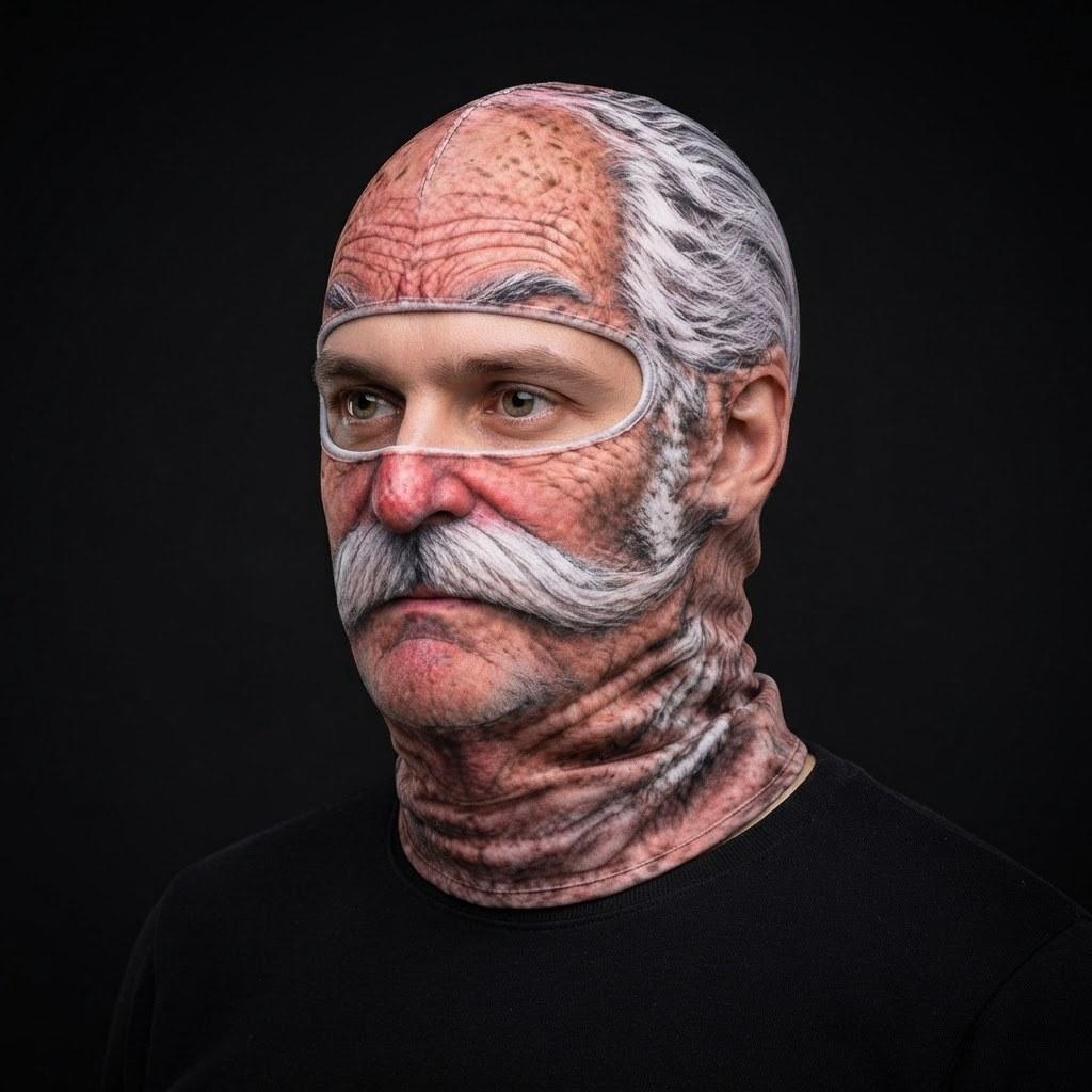 Grumpy Grandpa SF-26 3D printed balaclava worn by a model – side view