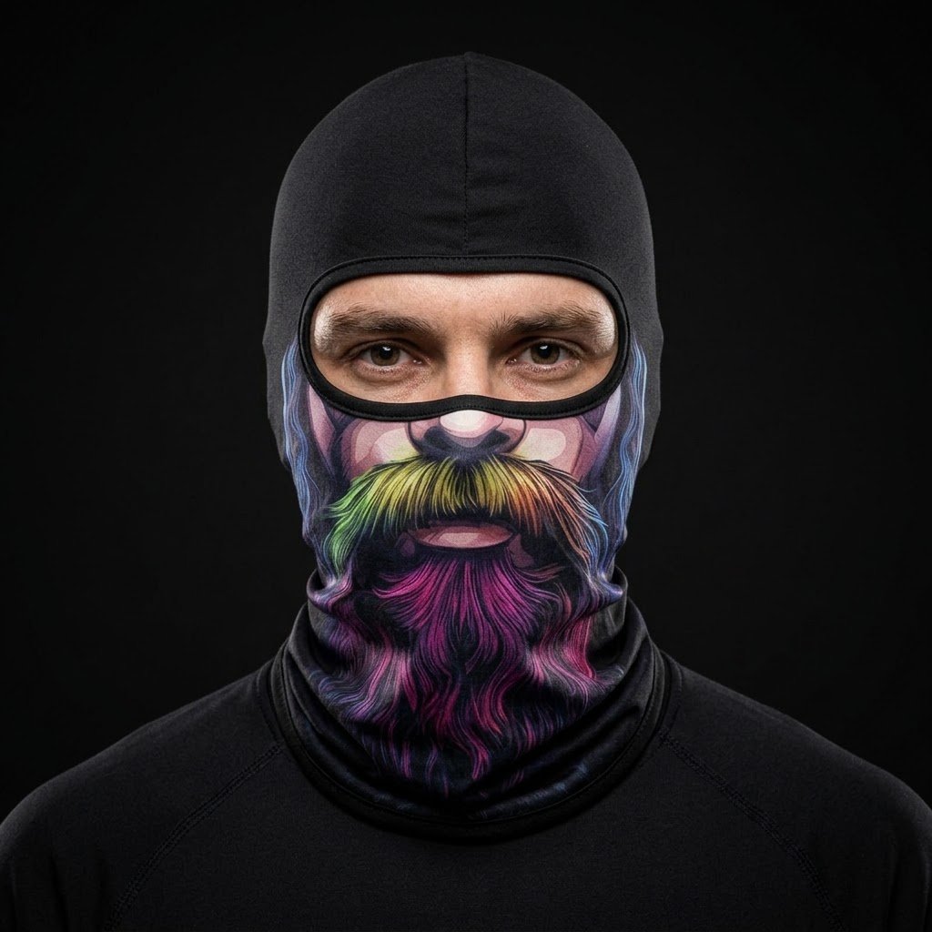 Purple Wizard BG-04 3D printed balaclava worn by a model – front view