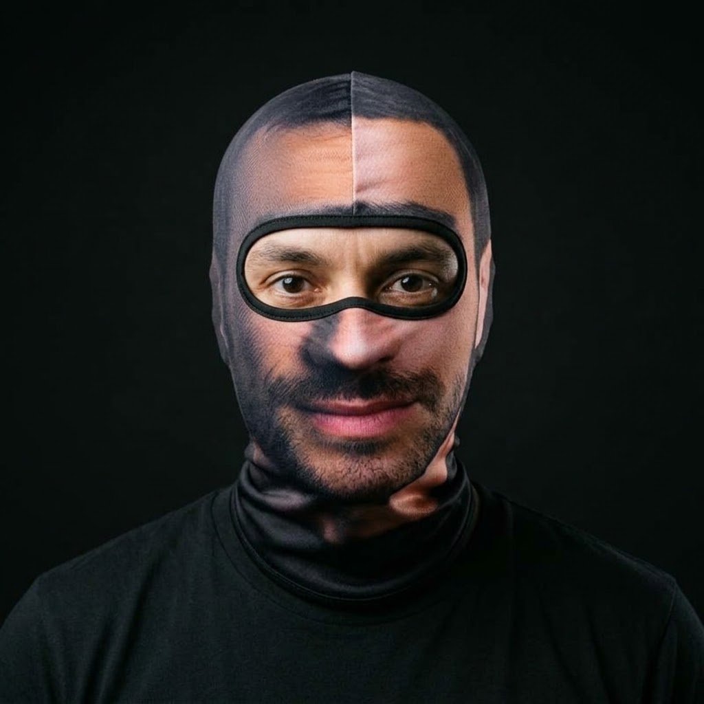 Smiling Stranger BG-11 3D printed balaclava worn by a model – front view