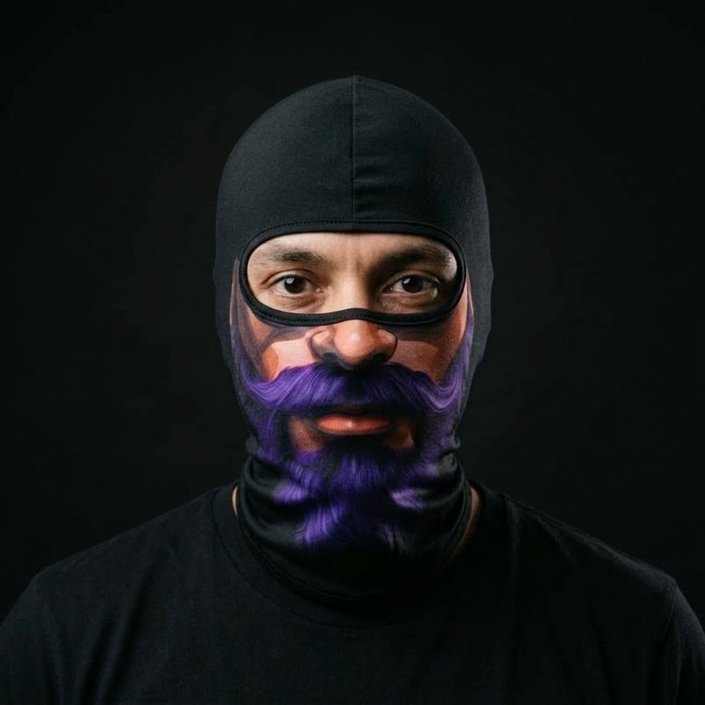 Purple Haze BG-13 3D printed balaclava worn by a model – front view