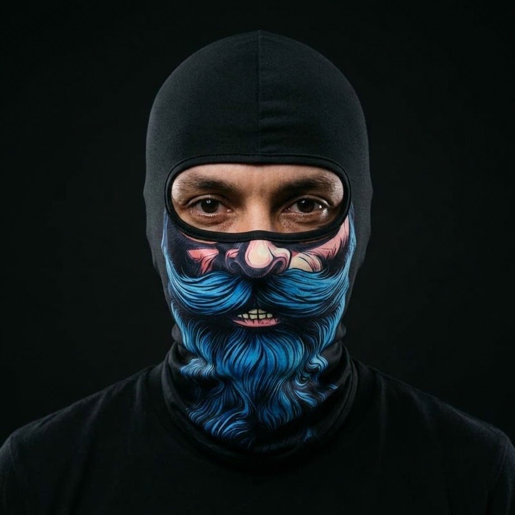 Ice Blue Beard BG-18 3D printed balaclava worn by a model – front view