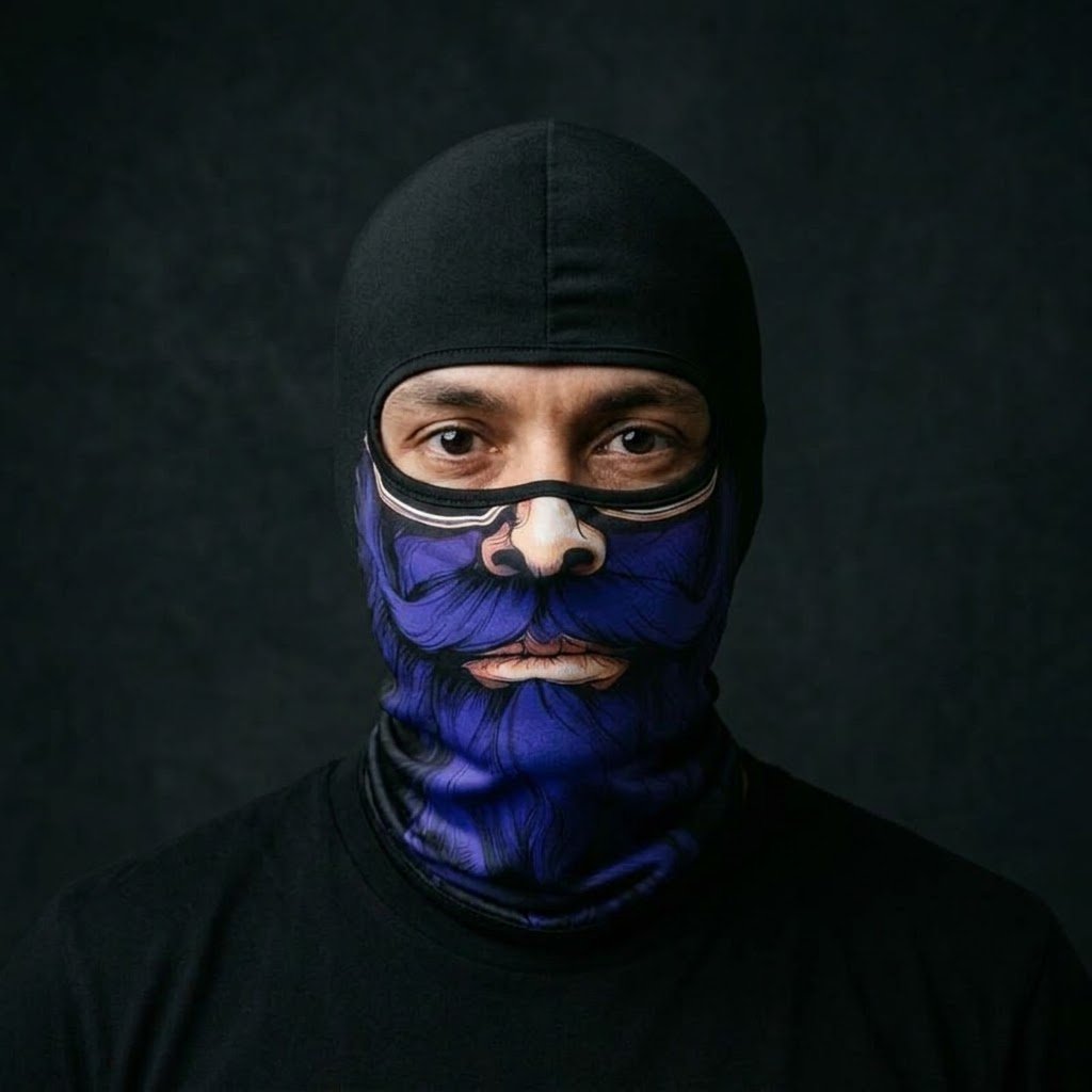 Royal Blue BG-24 3D printed balaclava worn by a model – front view