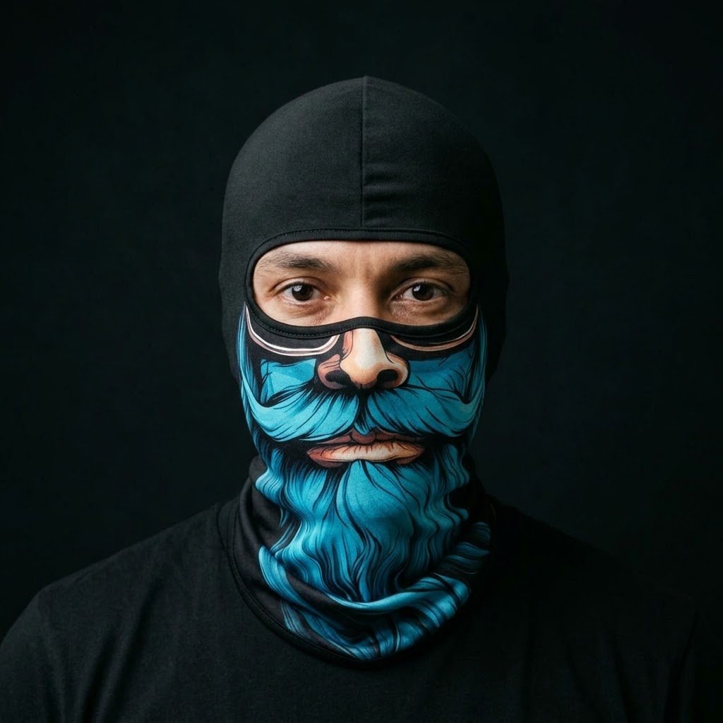 Turquoise Wave BG-25 3D printed balaclava worn by a model – front view