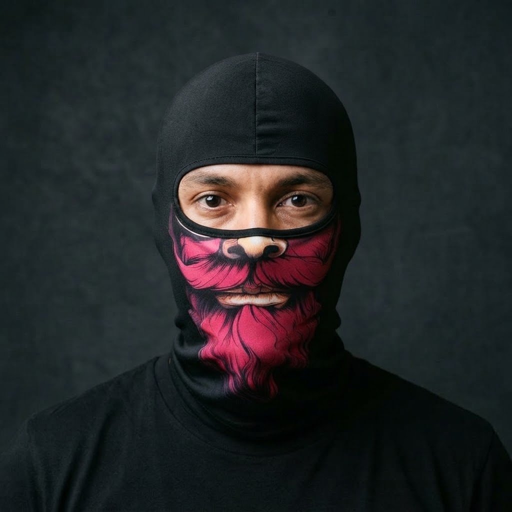 Crimson Beard BG-27 3D printed balaclava worn by a model – front view