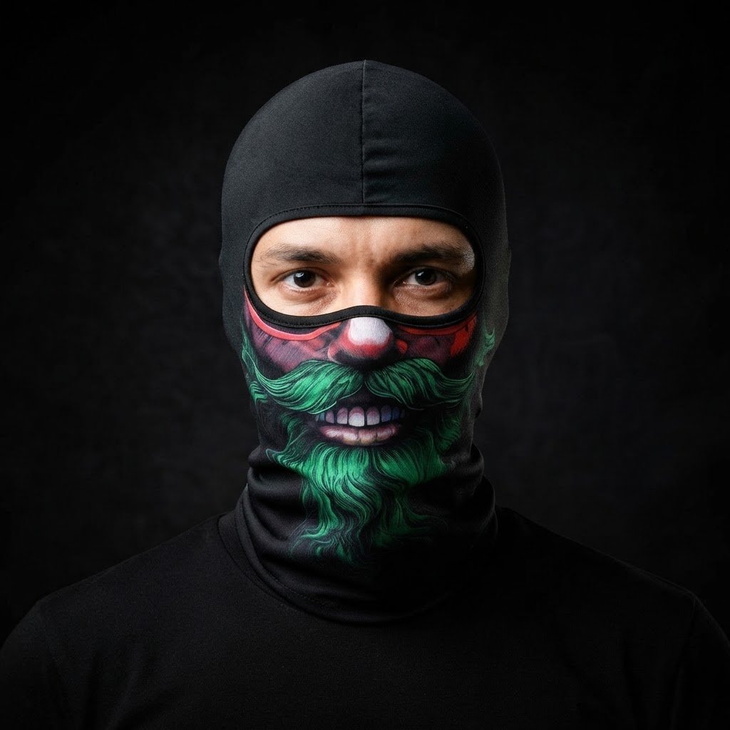 Lucky Green BG-30 3D printed balaclava worn by a model – front view