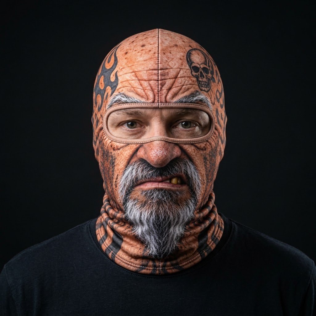 Tattoo Biker SF-02 3D printed balaclava worn by a model – front view