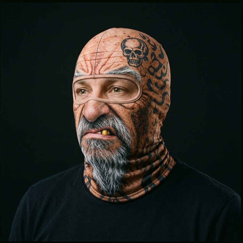 Tattoo Biker SF-02 3D printed balaclava worn by a model – side view
