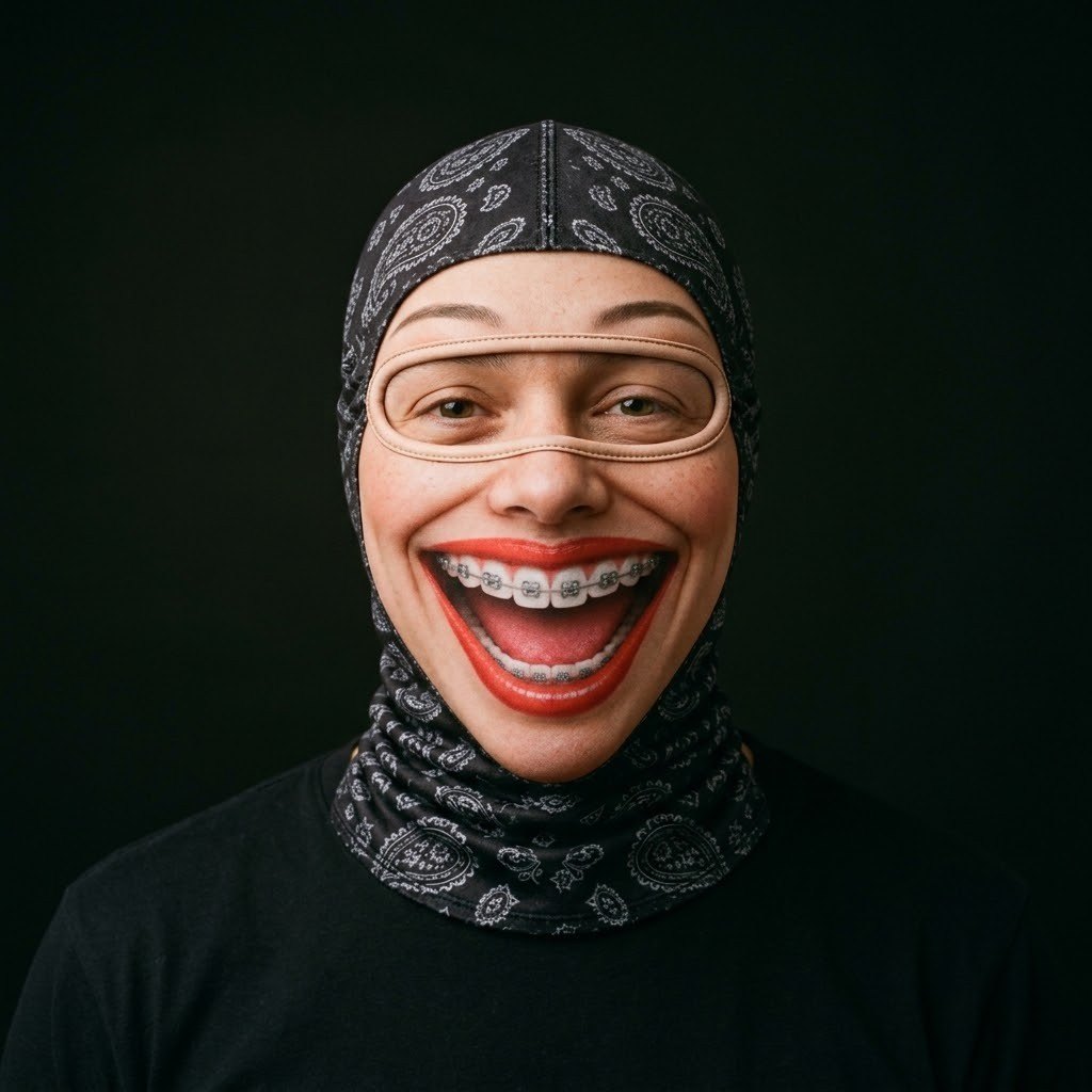 Braces Smile SF-03 3D printed balaclava worn by a model – front view