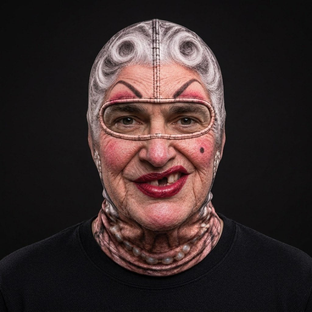 Granny Pearls SF-05 3D printed balaclava worn by a model – front view