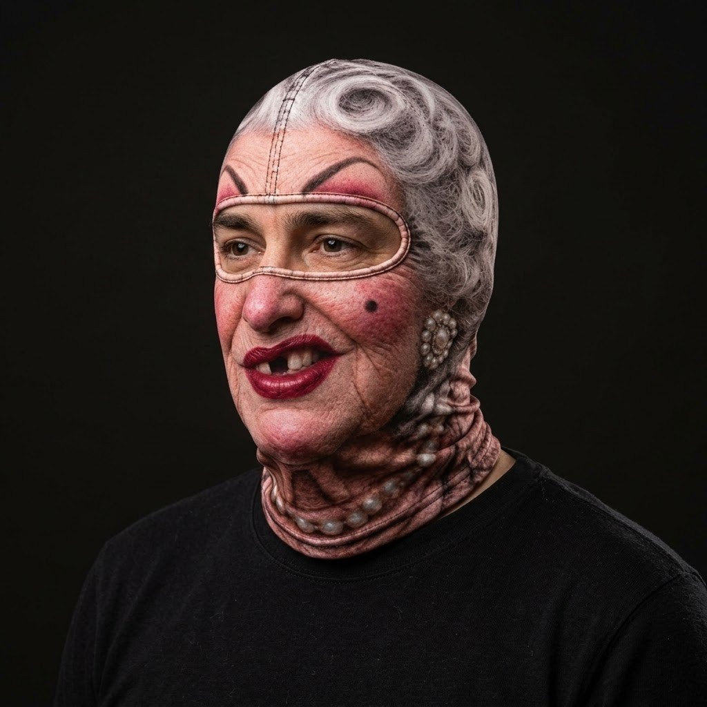 Granny Pearls SF-05 3D printed balaclava worn by a model – side view