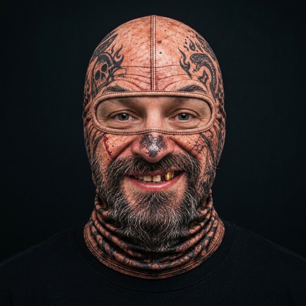 Tattooed Grandpa SF-06 3D printed balaclava worn by a model – front view