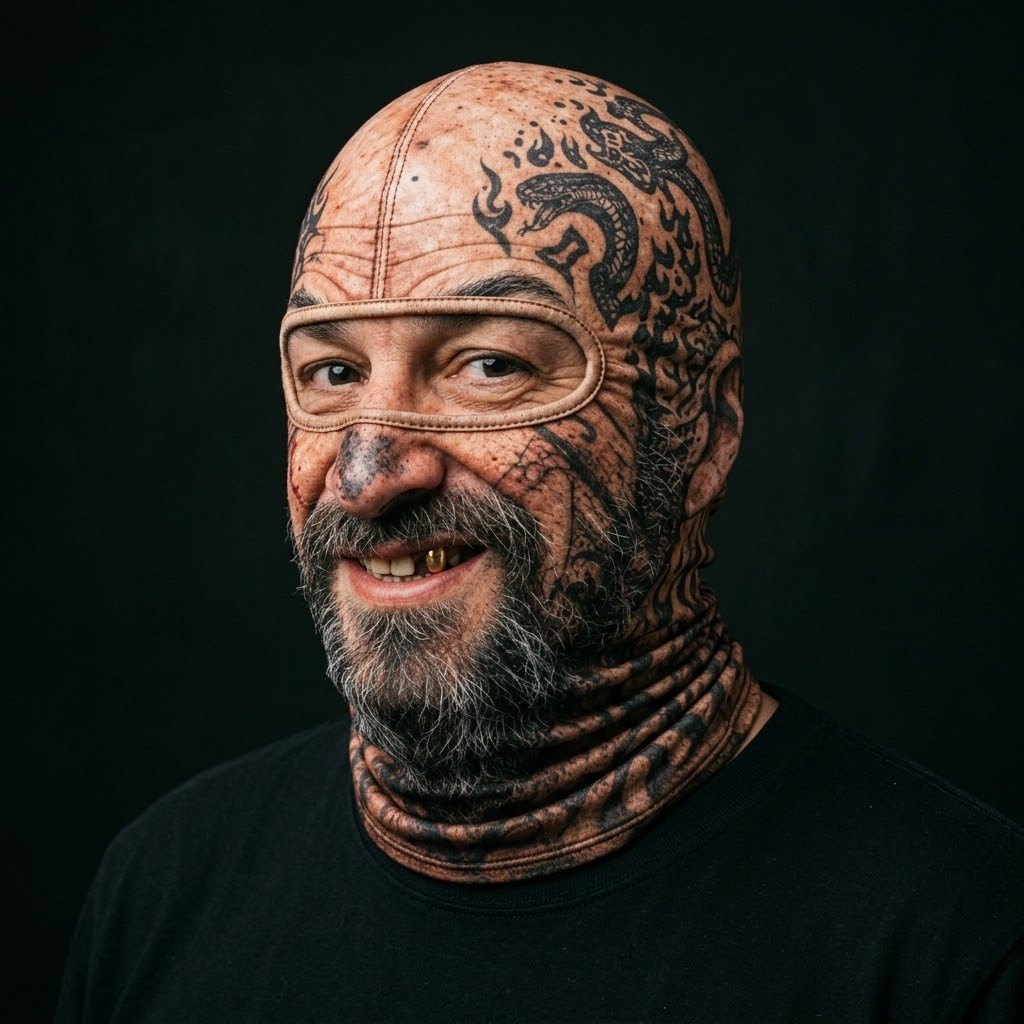 Tattooed Grandpa SF-06 3D printed balaclava worn by a model – side view
