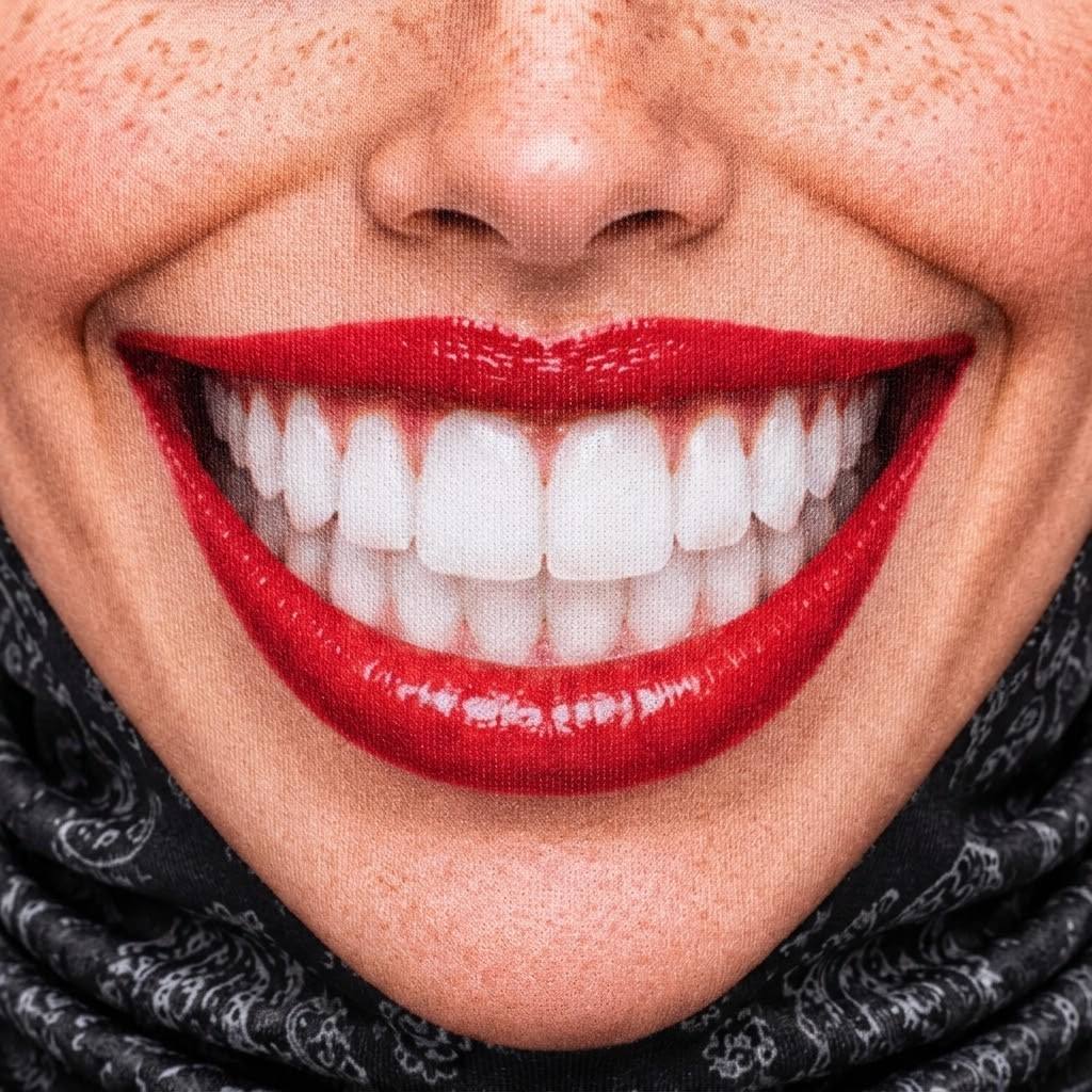 Red Lips Smile SF-08 3D printed balaclava – close-up of the printed design