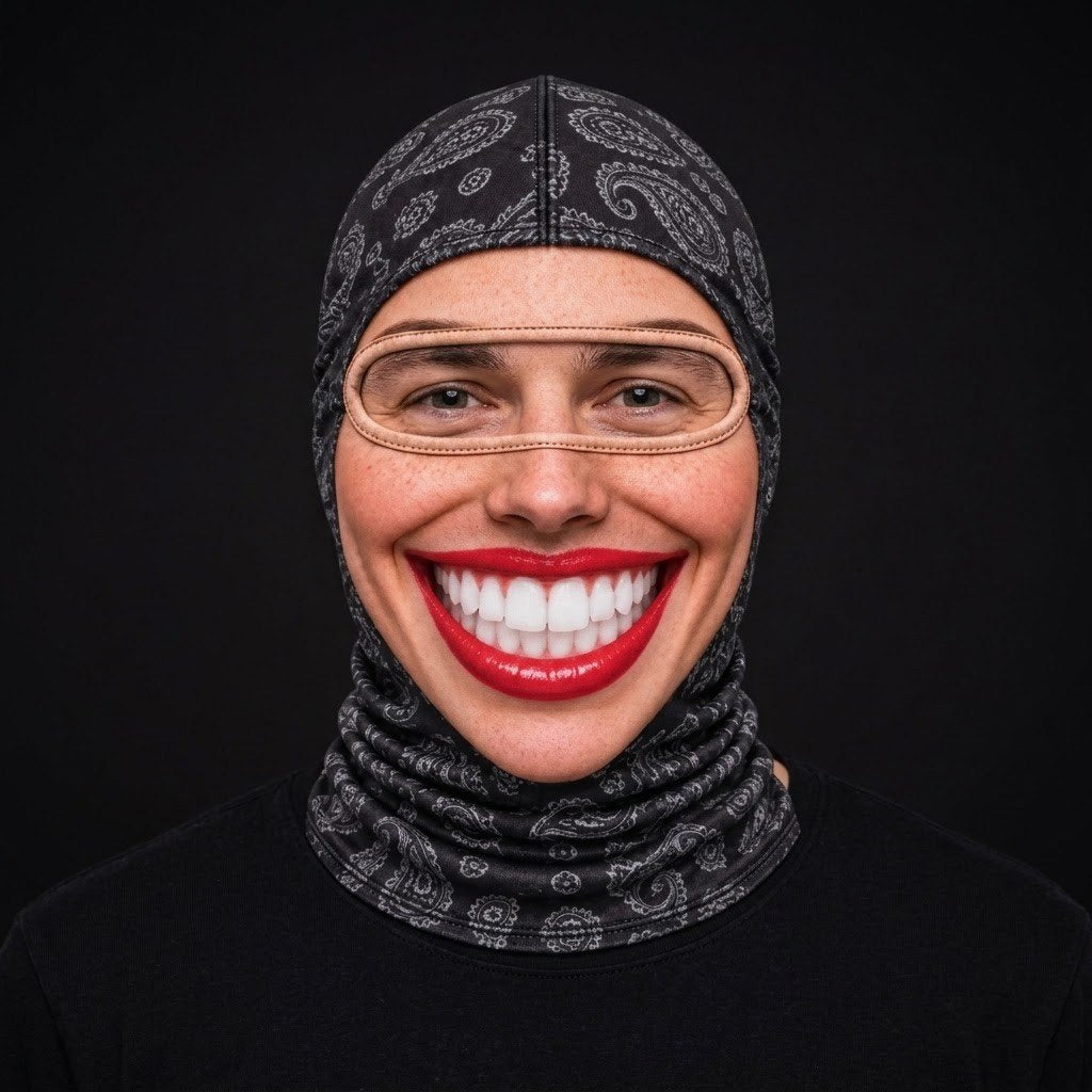 Red Lips Smile SF-08 3D printed balaclava worn by a model – front view