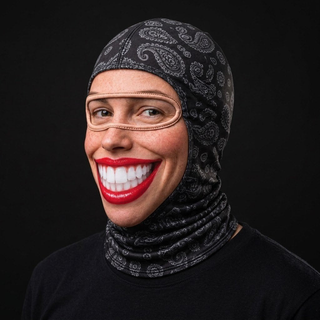 Red Lips Smile SF-08 3D printed balaclava worn by a model – side view