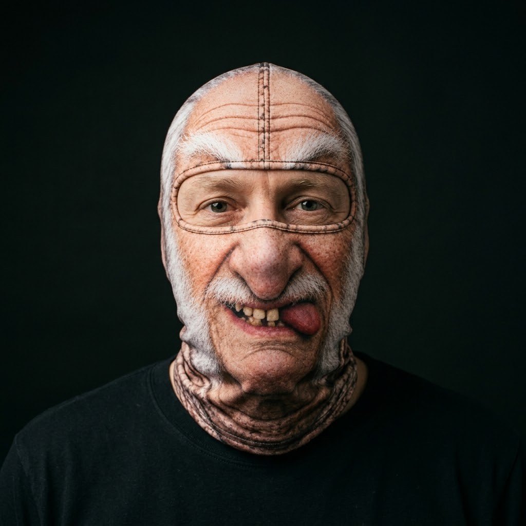 Tongue Out Grandpa SF-10 3D printed balaclava worn by a model – front view