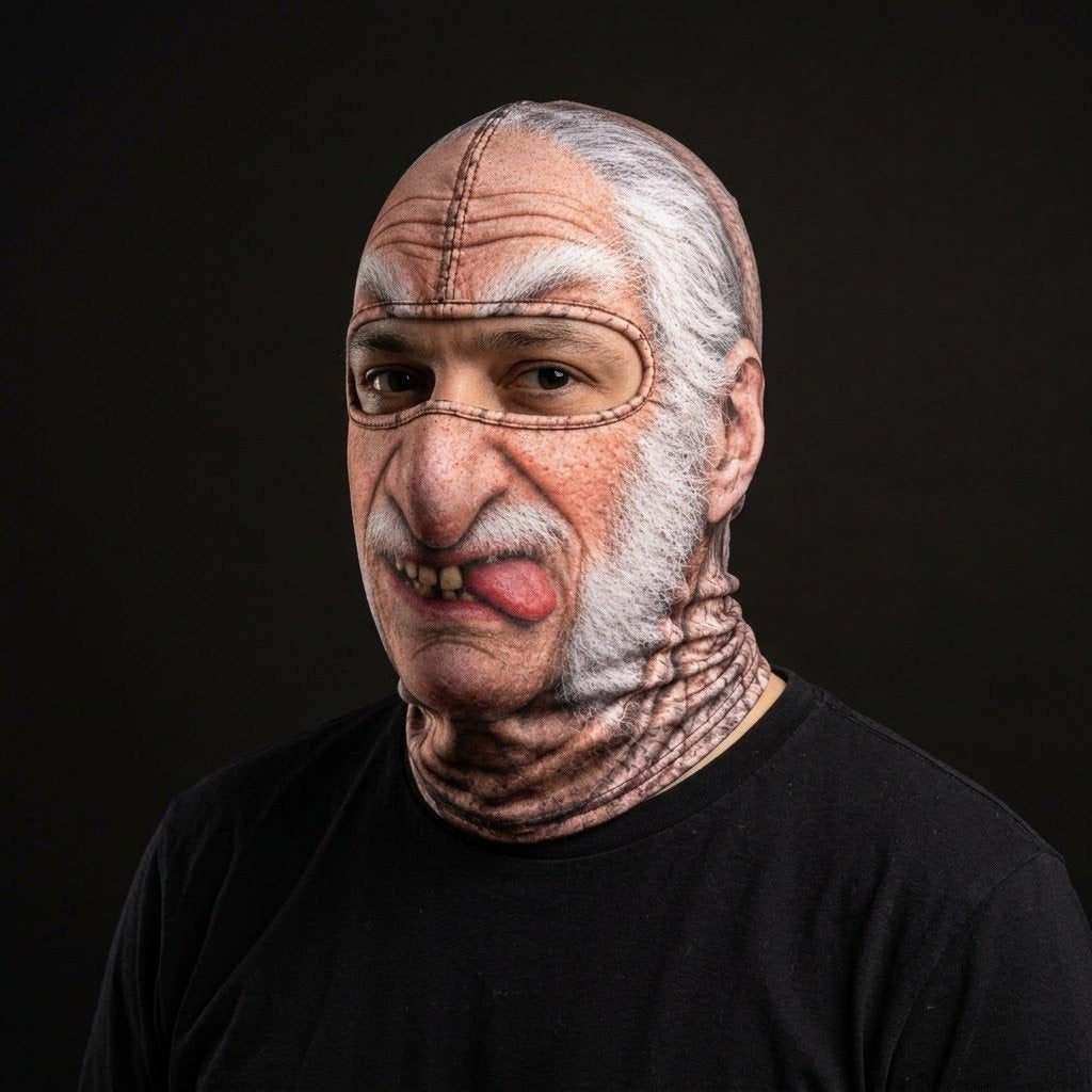 Tongue Out Grandpa SF-10 3D printed balaclava worn by a model – side view