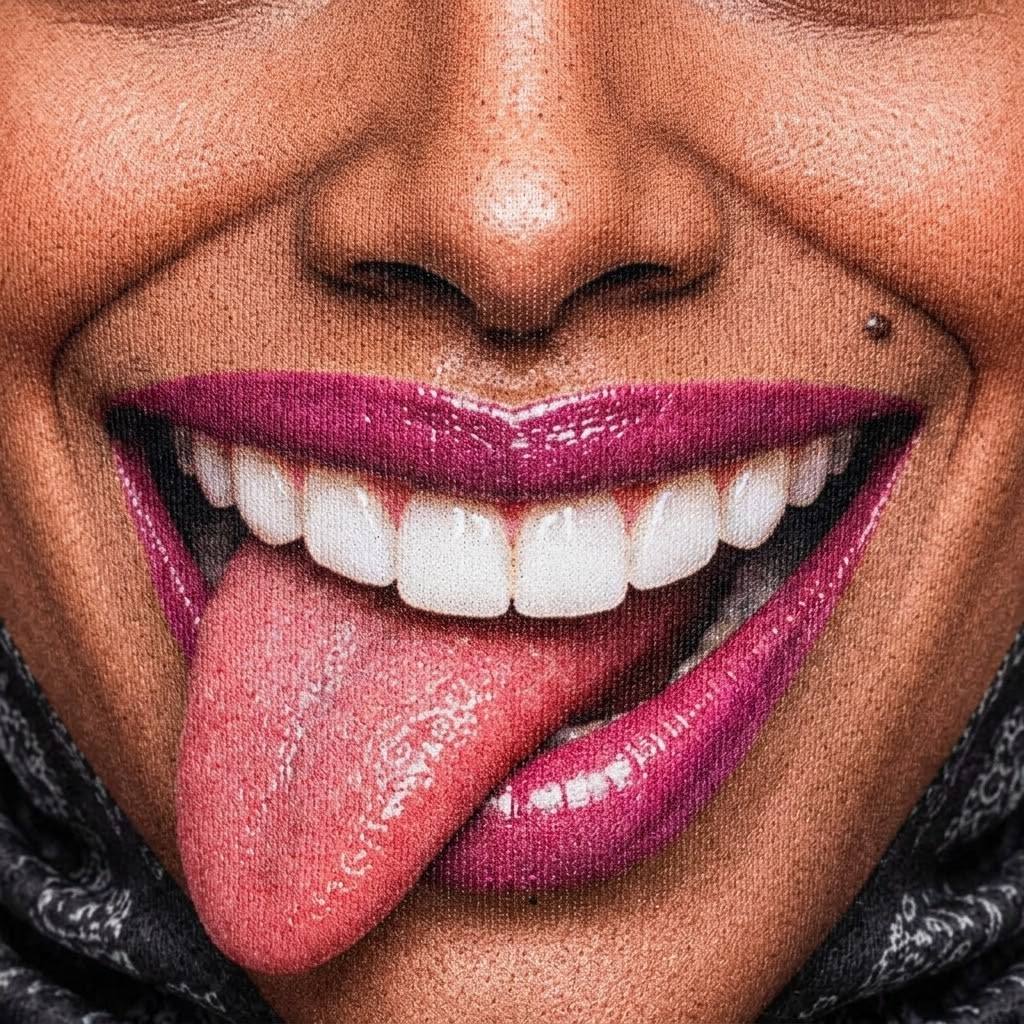 Tongue Out Lady SF-11 3D printed balaclava – close-up of the printed design