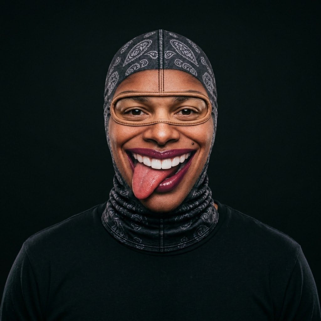 Tongue Out Lady SF-11 3D printed balaclava worn by a model – front view