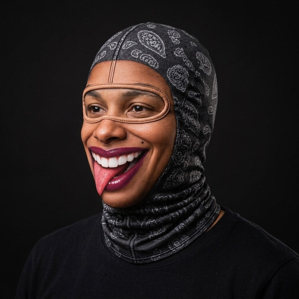Tongue Out Lady SF-11 3D printed balaclava worn by a model – side view