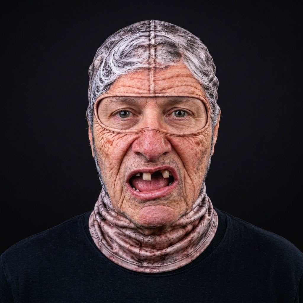 Granny Gap Tooth SF-13 3D printed balaclava worn by a model – front view
