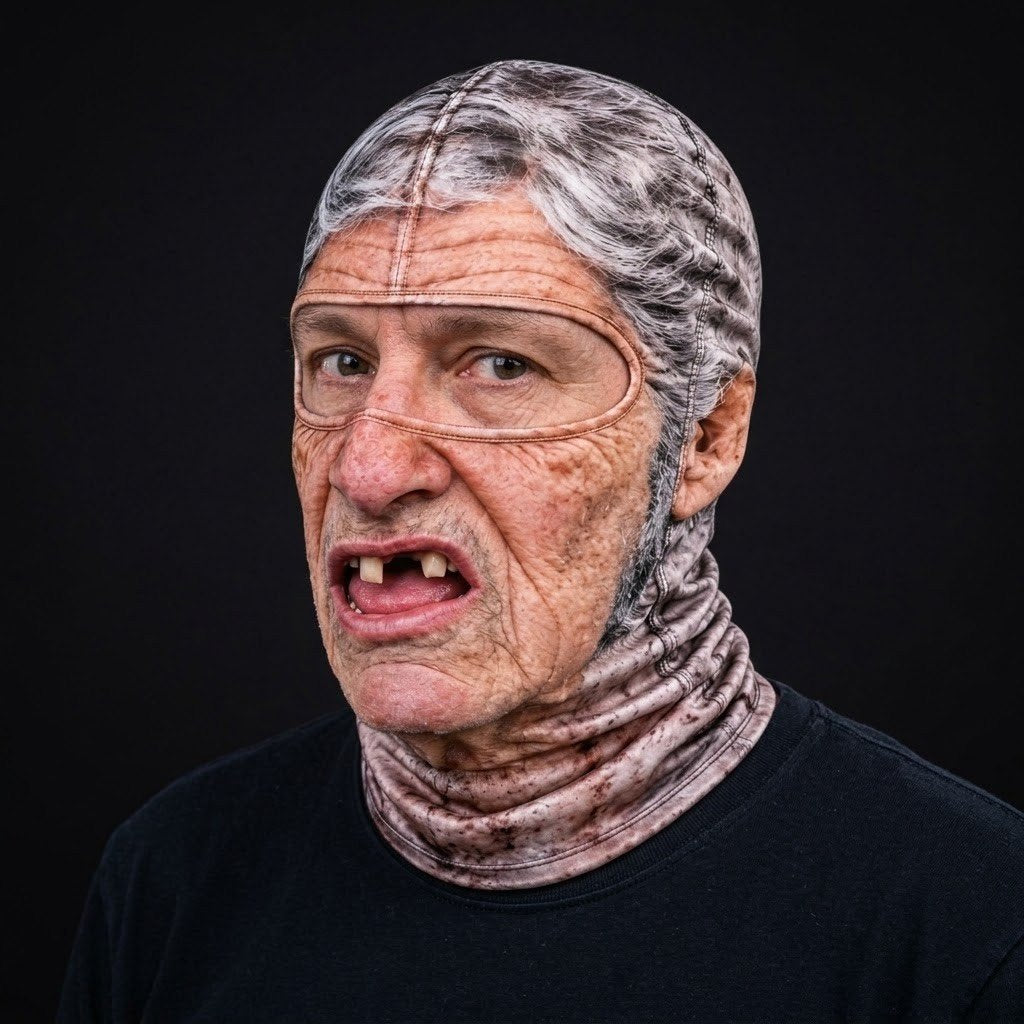 Granny Gap Tooth SF-13 3D printed balaclava worn by a model – side view