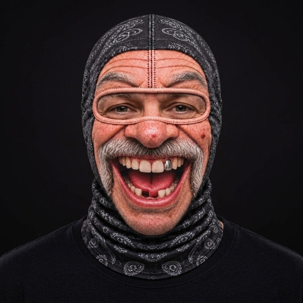 Moustache Laugh SF-14 3D printed balaclava worn by a model – front view
