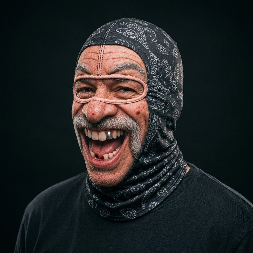 Moustache Laugh SF-14 3D printed balaclava worn by a model – side view