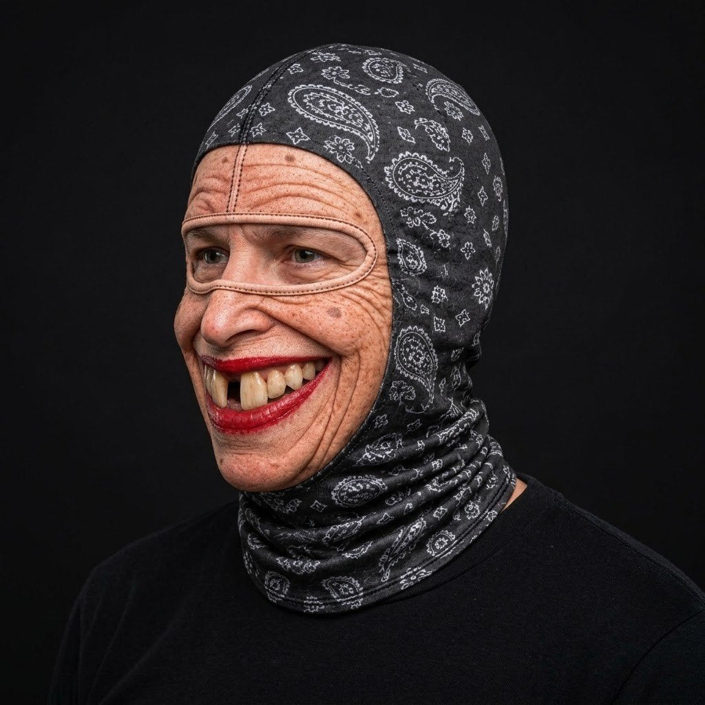 Gap Tooth Smile SF-15 3D printed balaclava worn by a model – side view