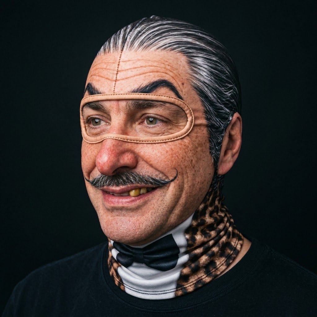 Bow Tie Gentleman SF-16 3D printed balaclava worn by a model – side view